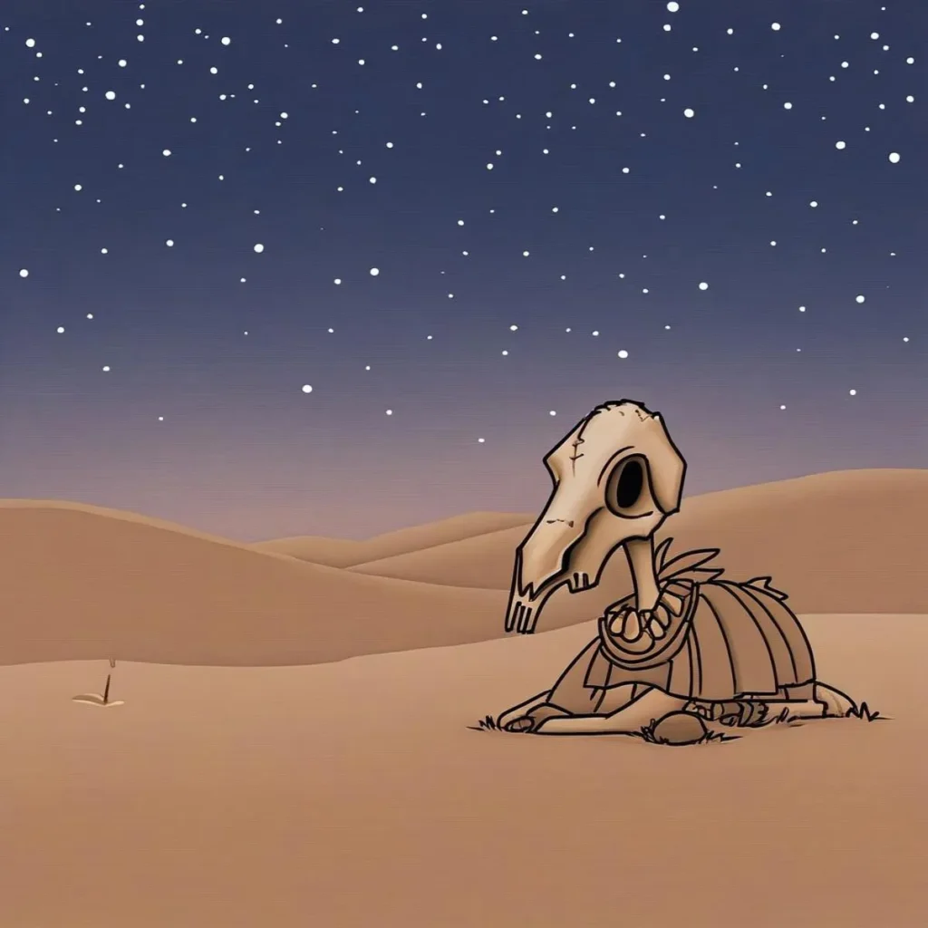 Detailed desert landscape with a skeleton of an animal under a starry night sky, showcasing an AI generated image using Stable Diffusion.