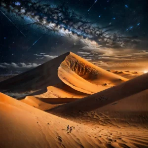 A stunning AI-generated image using Stable Diffusion depicting a desert with large sand dunes under a night sky filled with stars and the Milky Way galaxy.