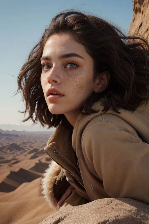 Woman with freckles wearing a beige jacket, standing in a vast desert landscape, AI generated using Stable Diffusion.