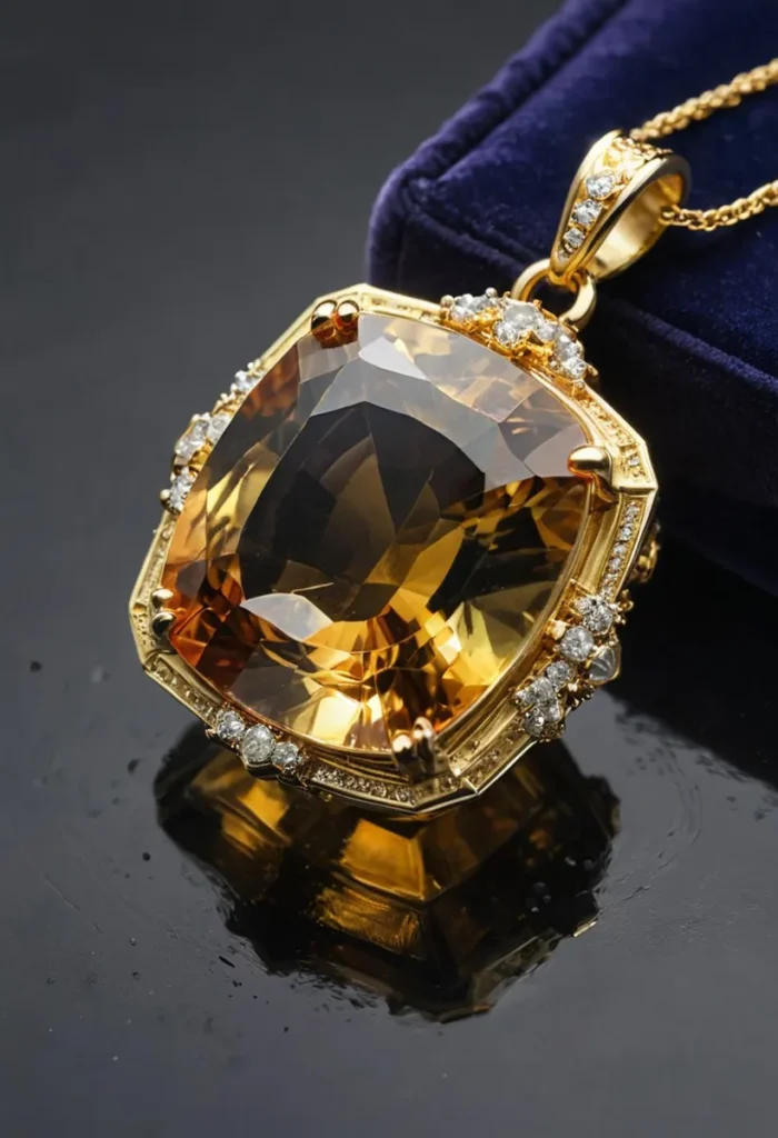 A diamond pendant with a golden setting, created using ai and stable diffusion. The pendant features a large, multi-faceted central diamond surrounded by smaller diamonds, all set in an ornate gold frame.