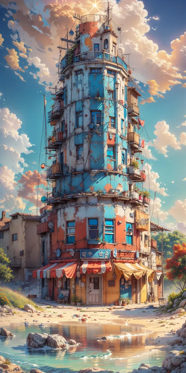 A dilapidated yet colorful building amidst a scenic background with vibrant blue skies and fluffy clouds. An AI-generated image using stable diffusion.