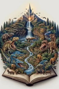 A detailed landscape of various dinosaurs emerging from the pages of an open storybook, featuring a mountain, a waterfall, and a flowing river, an AI generated image using stable diffusion.