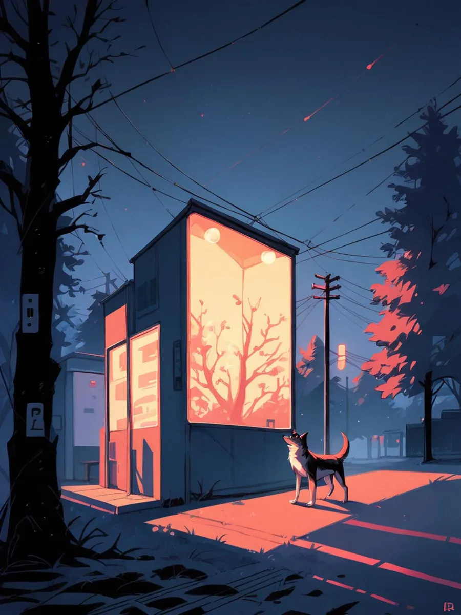 A dog standing in front of a building illuminated by vibrant neon lights at sunset. AI generated image using Stable Diffusion.