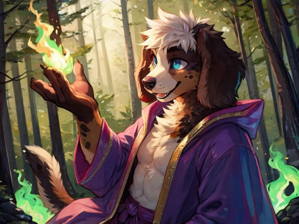 Anthropomorphic dog with a spotted fur pattern, wearing a purple robe with golden trim while conjuring green flames in a forest background. AI generated image using Stable Diffusion.
