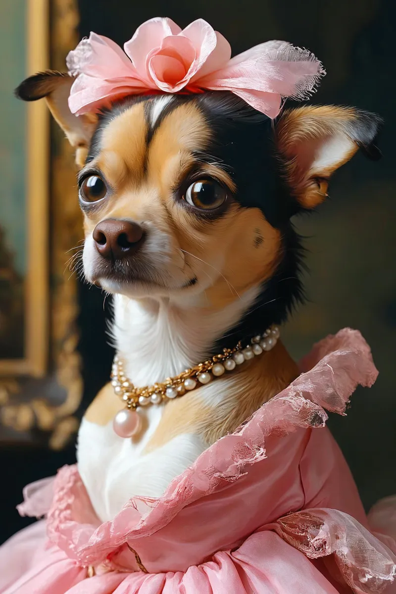 A cute dog wearing a pink dress, a pearl necklace, and a pink flower on its head. This is an AI generated image using Stable Diffusion.