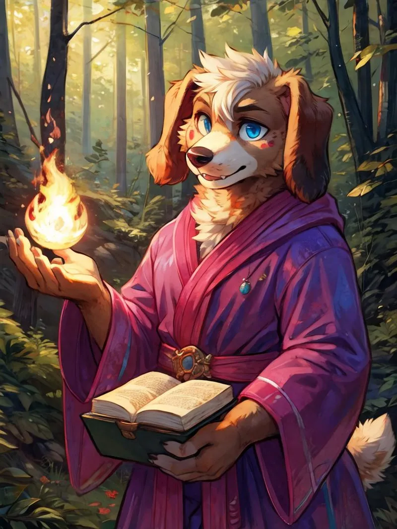 An AI generated image using Stable Diffusion of an anthropomorphic dog dressed as a wizard standing in a forest, holding an open book and a fireball.