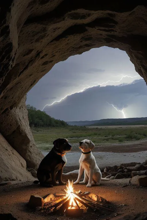 Two dogs sitting by a campfire inside a cave, overlooking a scenic landscape with lightning in the background, AI generated image using stable diffusion.