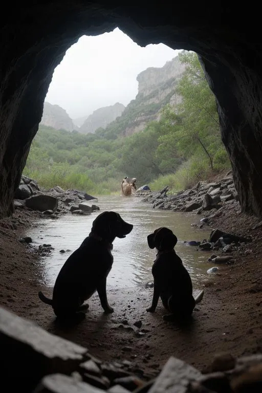 Two dogs sitting in the entrance of a cave overlooking a nature scene with trees and mountains in the background. AI generated using Stable Diffusion.