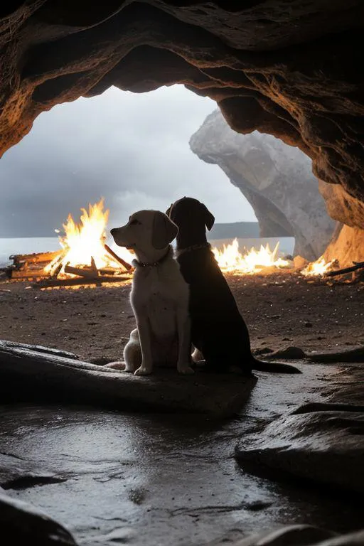 Two dogs sitting in a cave entrance with a campfire burning outside, created using AI and Stable Diffusion.