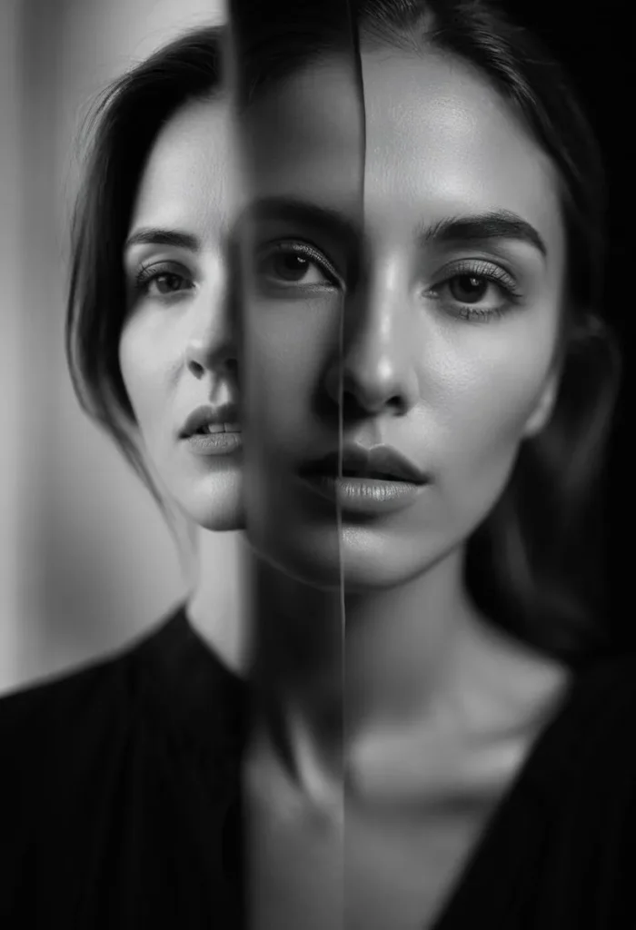 Black and white double exposure portrait of a woman with a split down the middle, created using stable diffusion.