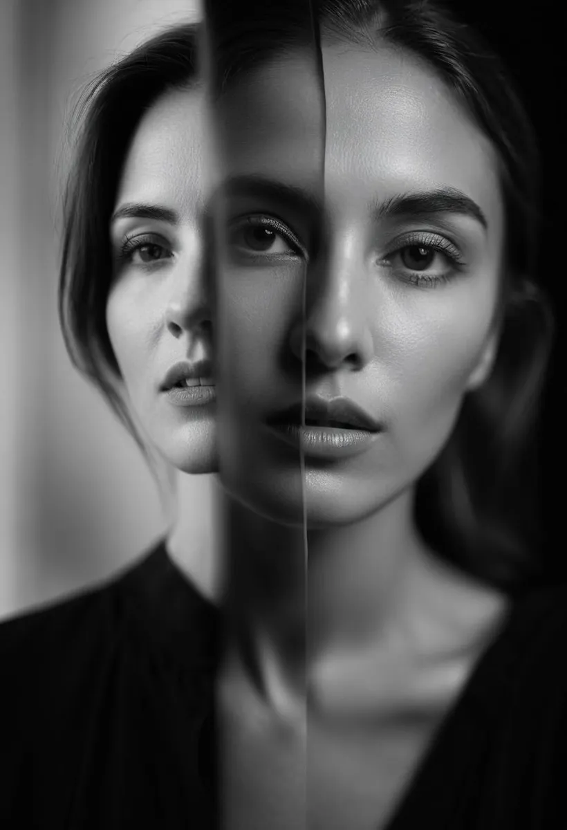 Black and white double exposure portrait of a woman with a split down the middle, created using Stable Diffusion.