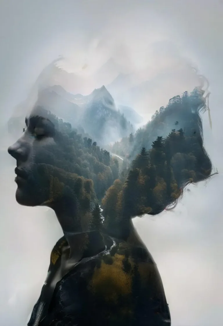 AI generated image of a double exposure silhouette featuring a serene mountain landscape using Stable Diffusion.
