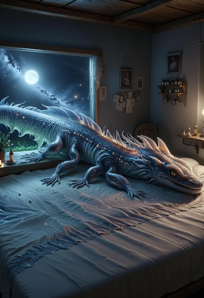 A glowing, detailed dragon lying on a bed in a fantasy bedroom at night. AI generated image using Stable Diffusion.