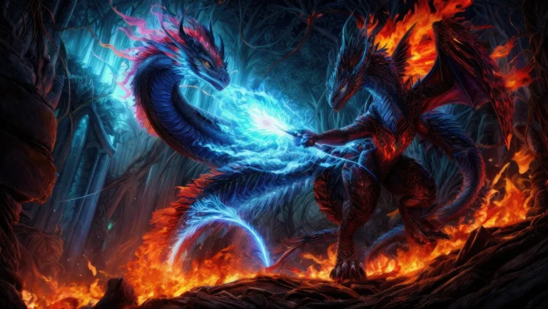 An AI generated image using stable diffusion of a dramatic scene featuring two dragons in a battle, one breathing fire and the other exuding ice, set against a dark and mystical forest backdrop.