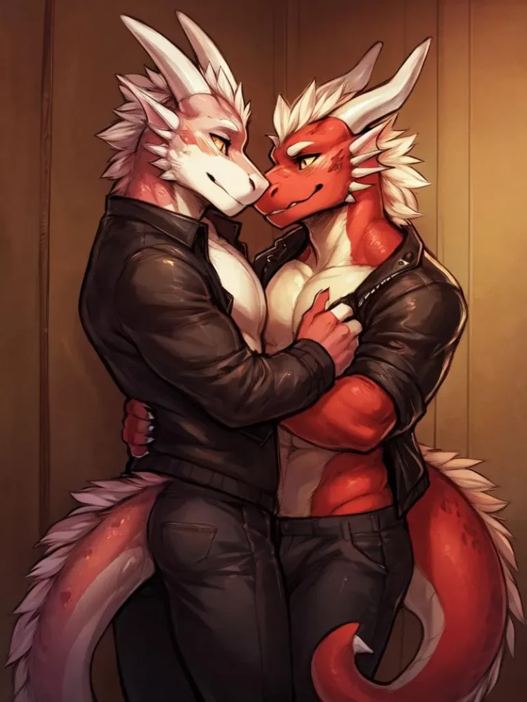 Two anthropomorphic dragons, one red and one white, wearing leather jackets and embracing each other. AI generated image using Stable Diffusion.
