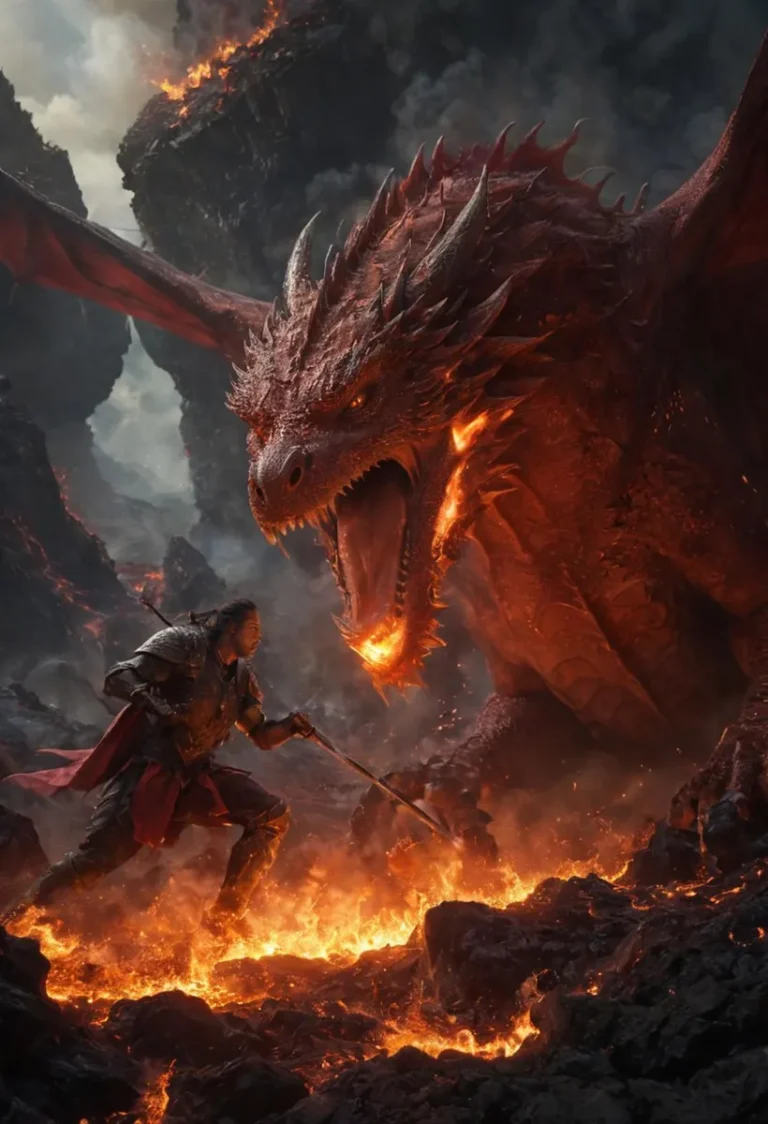 A dramatic fantasy battle scene created by AI using Stable Diffusion, featuring a knight wielding a sword against a menacing dragon amid a fiery landscape with molten lava and dark, smoky skies.