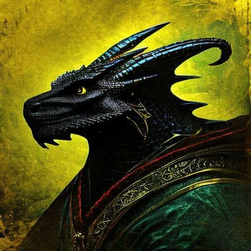 A majestic dragon in profile, with detailed scales and vibrant colors set against a yellow-green background, created using Stable Diffusion.