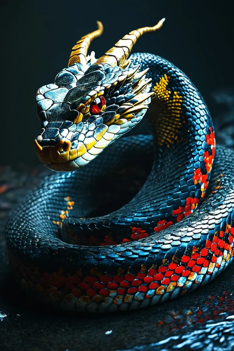 A detailed, coiled dragon-snake hybrid with intricate scales and horns, generated by AI using Stable Diffusion.