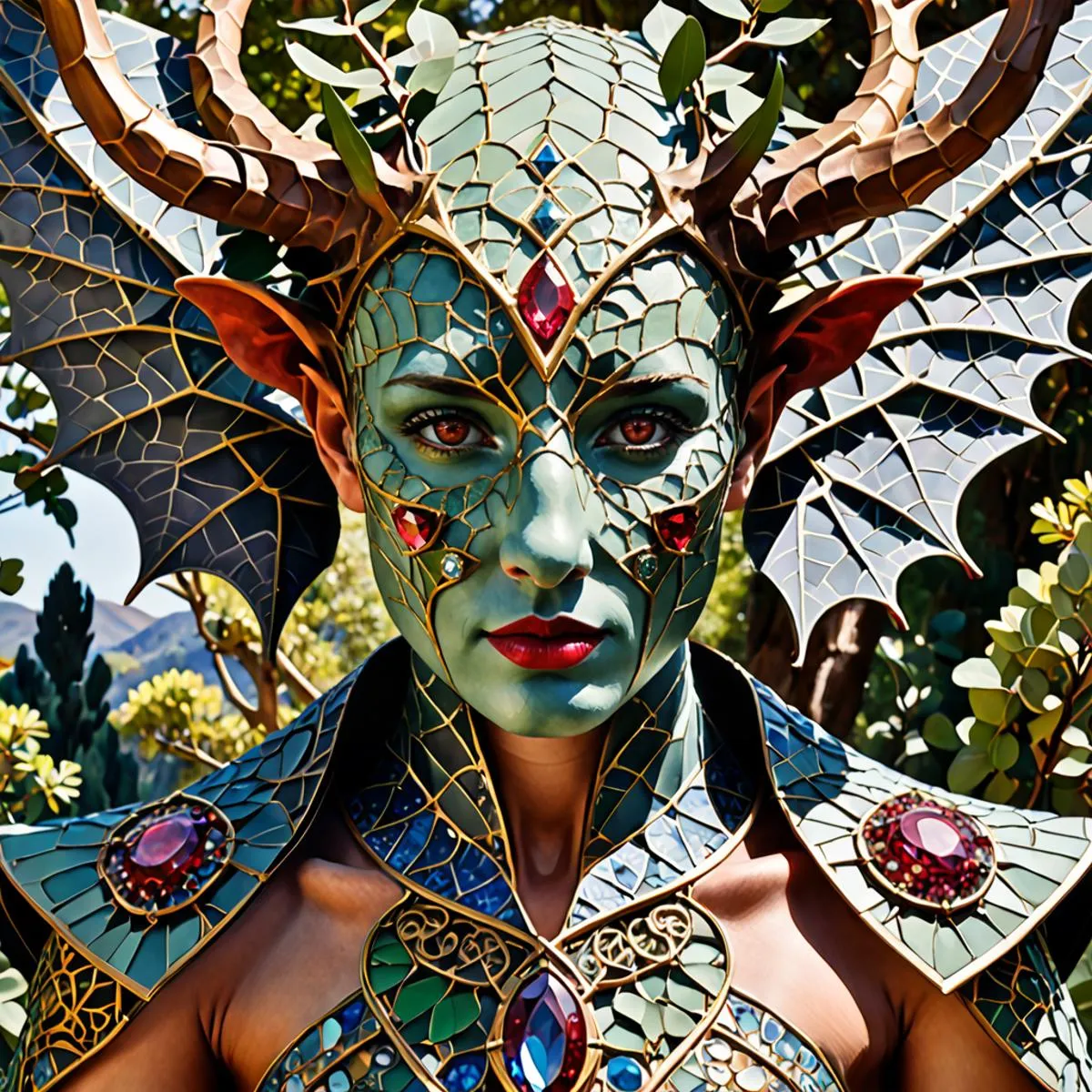 Fantasy character dressed as a dragon warrior with a mosaic-like costume, horns, and wings. AI generated image using stable diffusion.