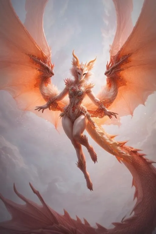A stunning fantasy art showcasing a dragon woman with large wings, hovering in the sky, AI generated using stable diffusion.