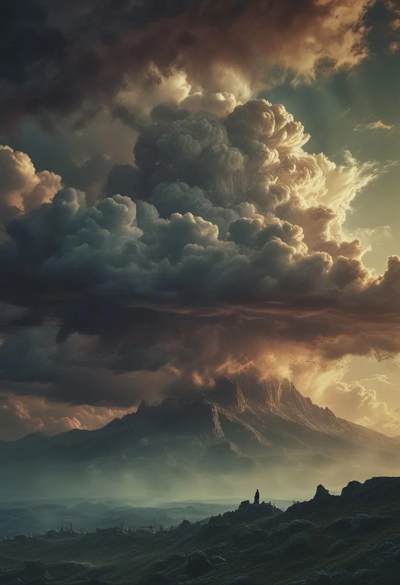 A dramatic landscape featuring towering storm clouds above a range of mountains, created using AI with Stable Diffusion.