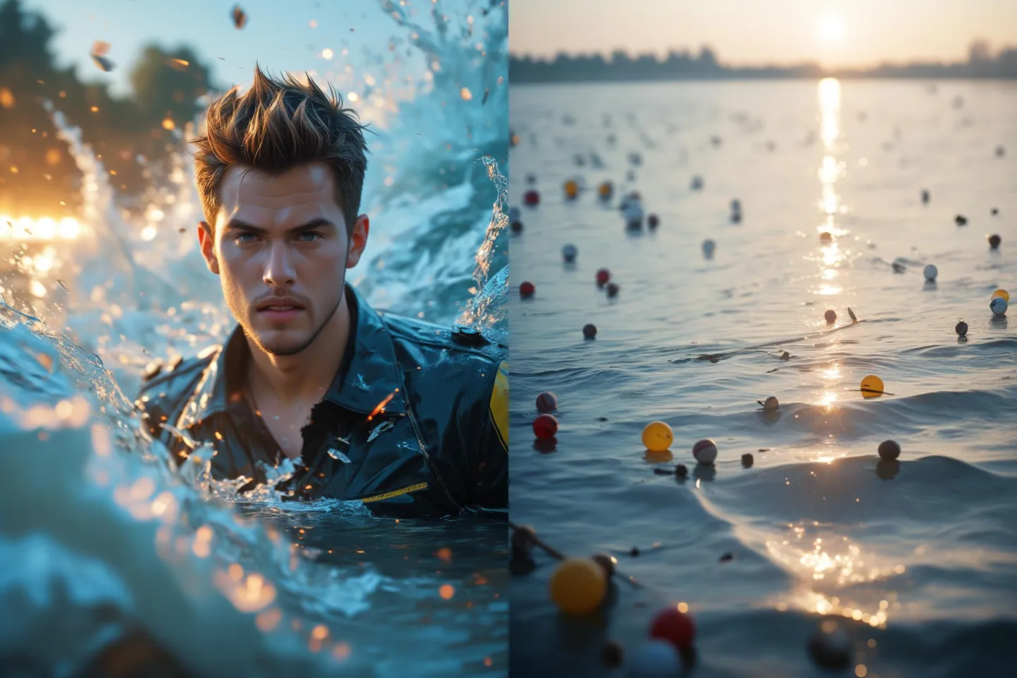 A dramatic water portrait at ocean sunset, created using Stable Diffusion AI. The left side shows a man with wet hair in splashing water, while the right side depicts a sunset over a water body with floating buoys.