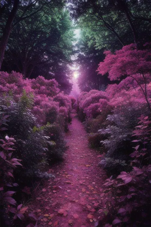 Dreamy forest pathway surrounded by vibrant purple flowers. AI generated image using Stable Diffusion.