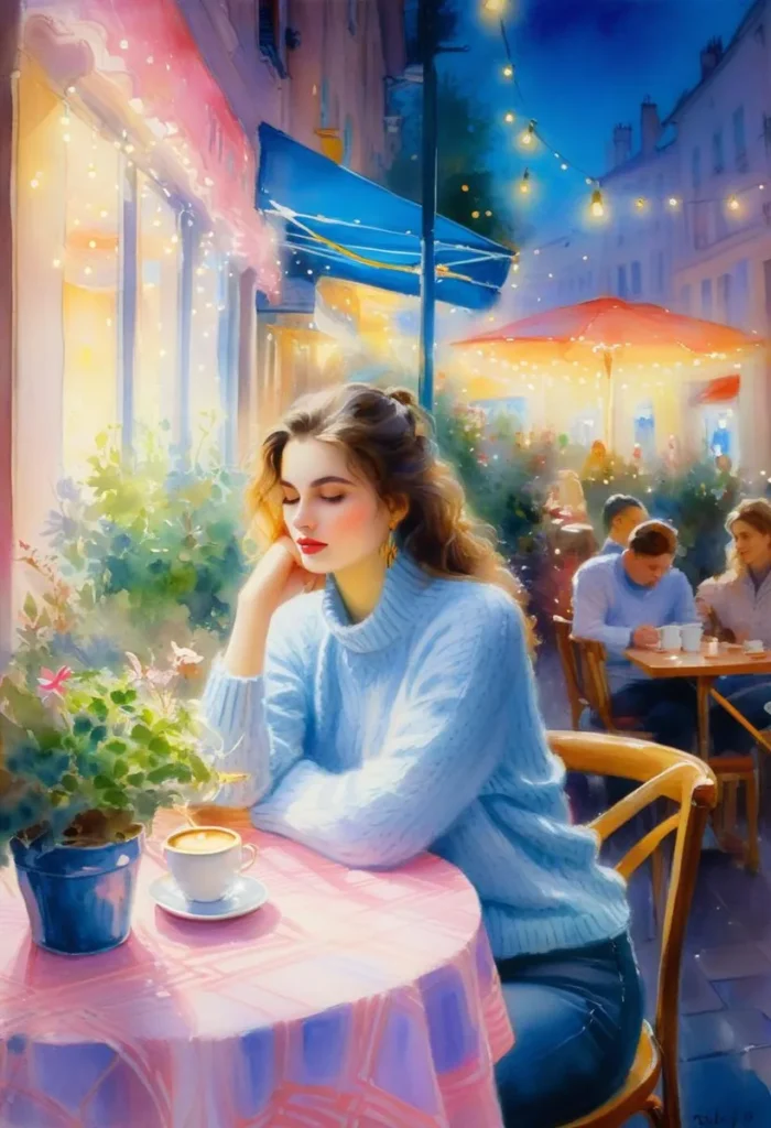 A dreamy AI generated image of a woman in a light blue sweater sitting at a cafe table with a cup of coffee, surrounded by vibrant lights and soft colors using stable diffusion.