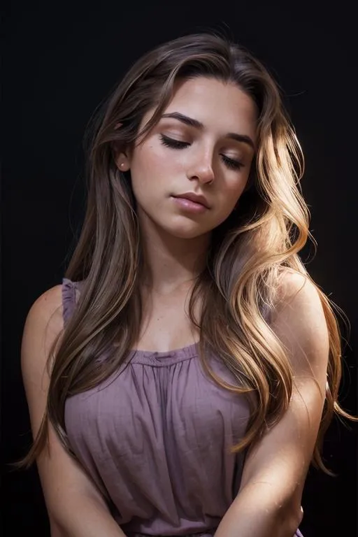 Dreamy woman with long brown hair and closed eyes, AI generated image using stable diffusion.
