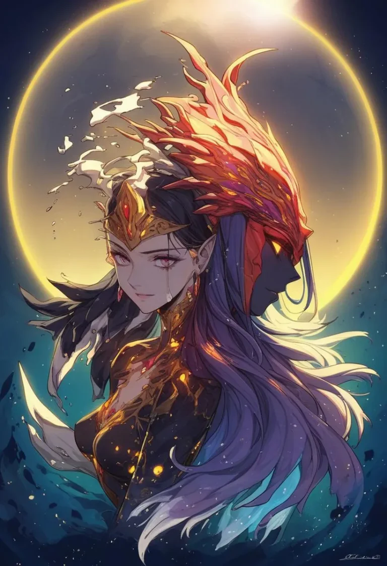 Fantasy artwork of a female character with dual personas, featuring an elaborate headdress before a glowing moon, AI generated using Stable Diffusion.
