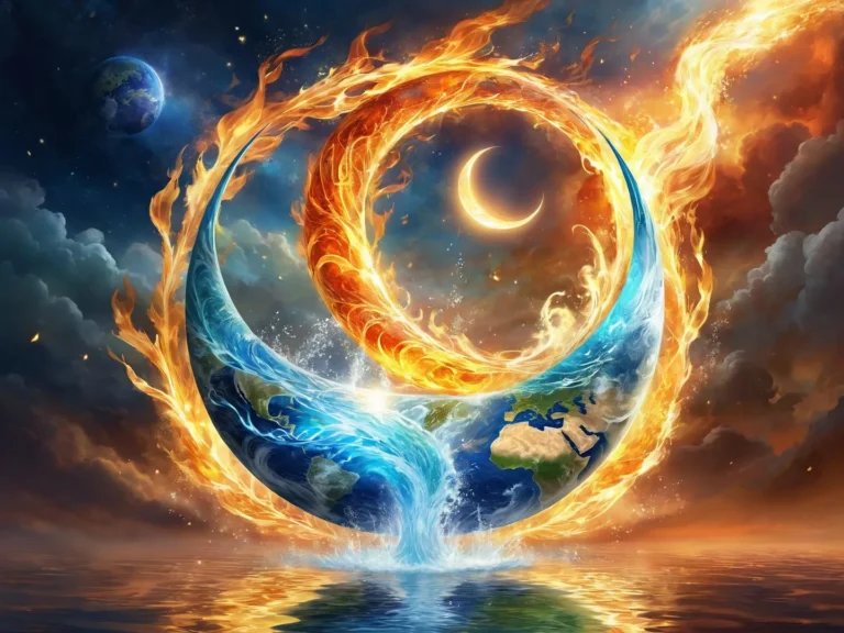 Surreal depiction of Earth elements, with fiery and watery spirals intertwining in space. AI generated image using Stable Diffusion.