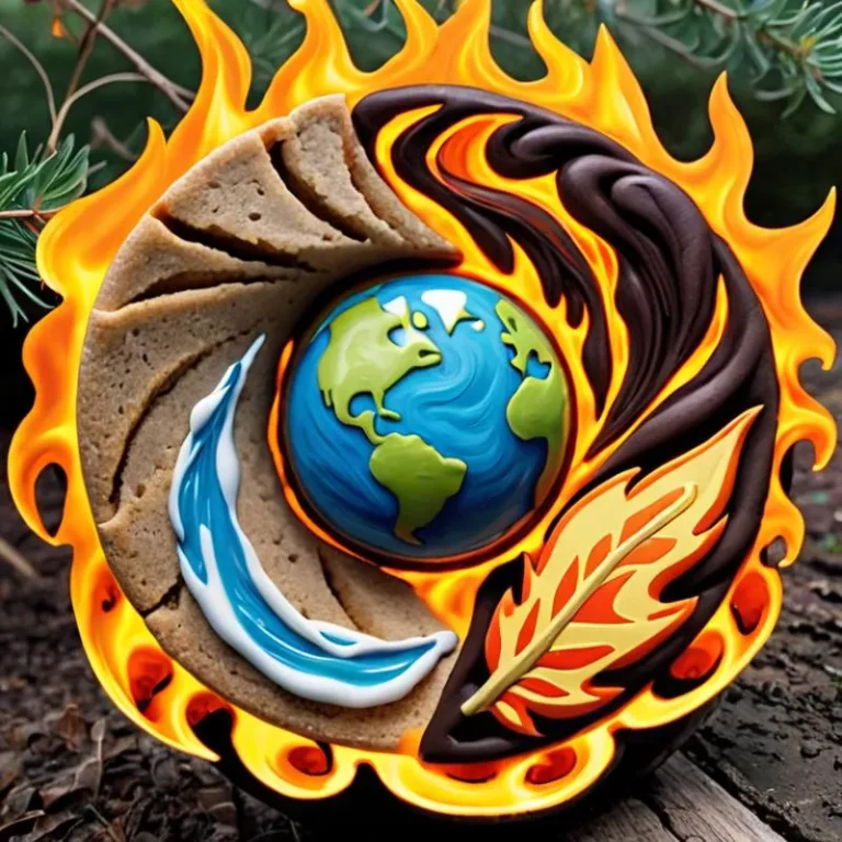 An AI generated image using Stable Diffusion depicting a yin yang symbol with earth elements. The upper half features flames and the lower half with a blue wave, with a earth globe in the center.