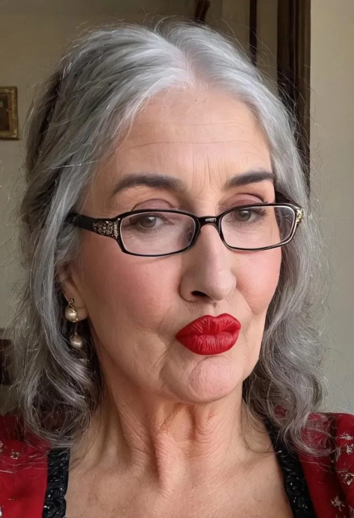 Close-up portrait of an elder woman with gray hair, red lipstick, and glasses. This image was generated using Stable Diffusion.