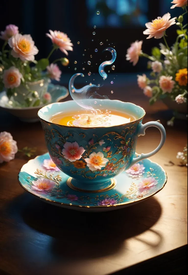 An AI generated image using stable diffusion of a beautifully decorated tea cup with fantasy elements, set among flowers.