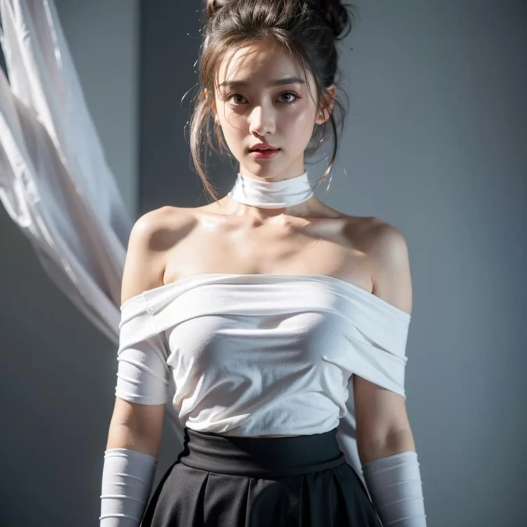 AI generated image using Stable Diffusion depicting an elegant woman with a serene expression, wearing an off-shoulder white top, black skirt, and neck scarf, against a soft gradient background.