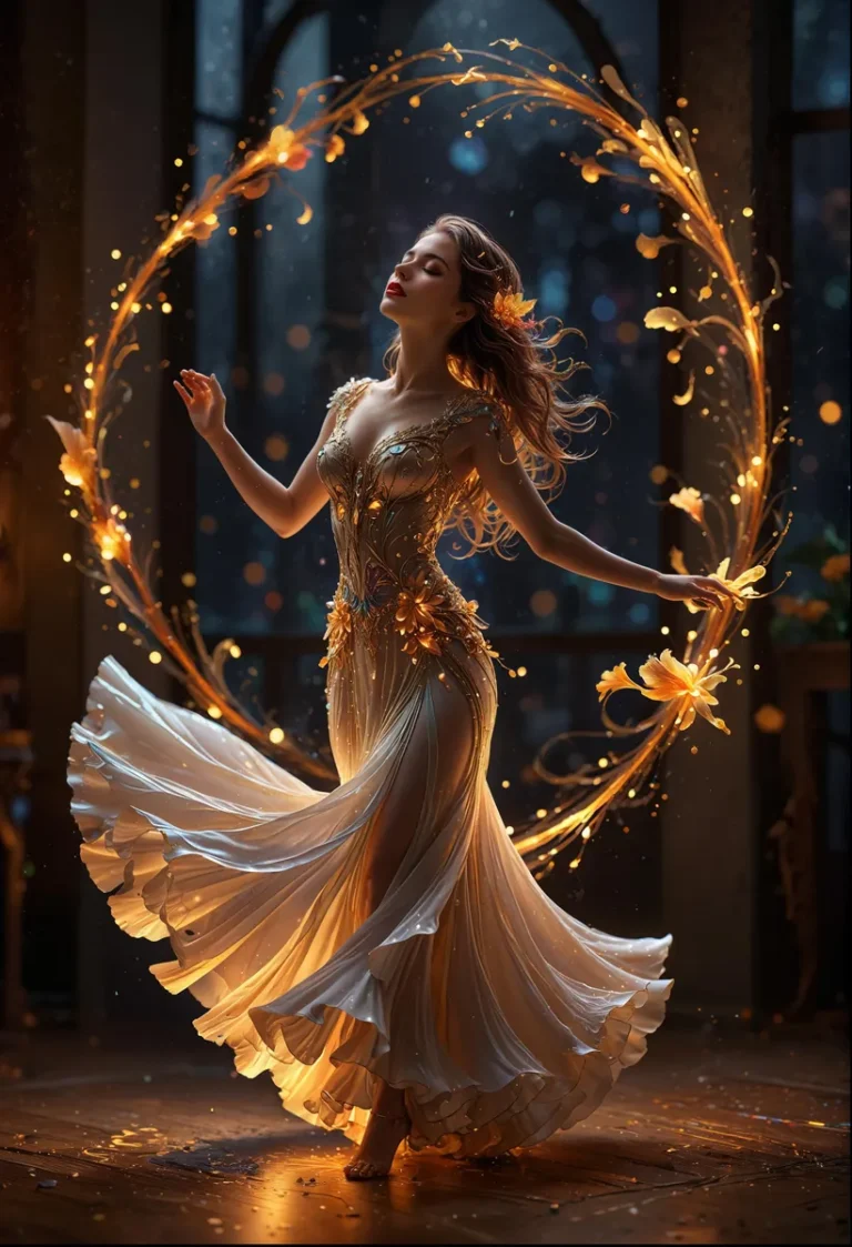 An AI generated image, using Stable Diffusion, of an elegant dancer in a flowing golden dress surrounded by a magical aura with golden lights.