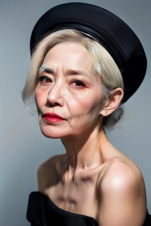 An elegant elderly woman with a white bob hairstyle, wearing a black hat and a black off-shoulder top. AI generated image using Stable Diffusion.