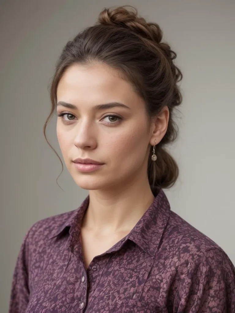 Portrait of a young, elegant woman with an intricate updo hairstyle and wearing a patterned, deep purple blouse. AI generated image using Stable Diffusion.