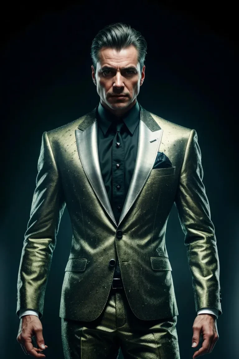 Elegantly dressed man in a shimmering golden suit captured with AI Stable Diffusion.