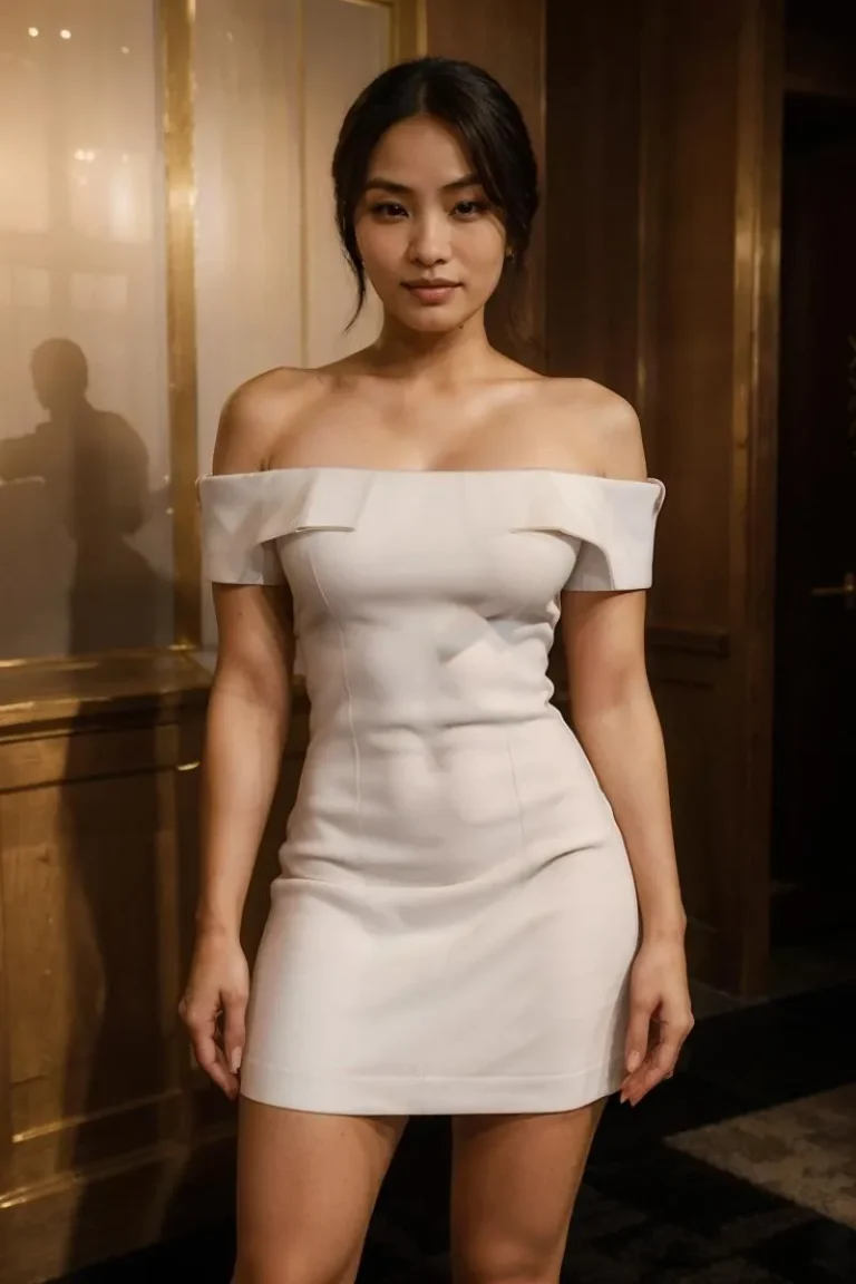 Elegant woman in an off-the-shoulder white dress, created by AI using Stable Diffusion.