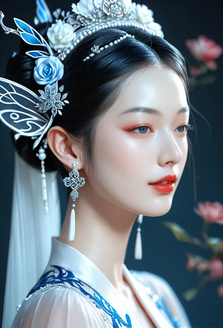 A meticulous AI-generated image of an elegant woman wearing a traditional headpiece adorned with blue flowers and intricate silver decorations.
