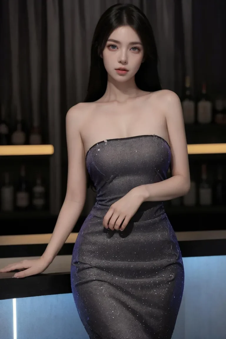 AI generated image using stable diffusion of an elegant woman in a sparkly strapless dress, standing next to a bar counter.