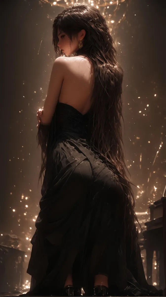 AI-generated image of an elegant woman in a black gown, created using Stable Diffusion.