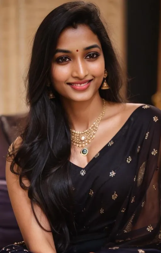Elegant woman in traditional attire, wearing a black saree with golden details, adorned with jewelry. AI generated image using stable diffusion.