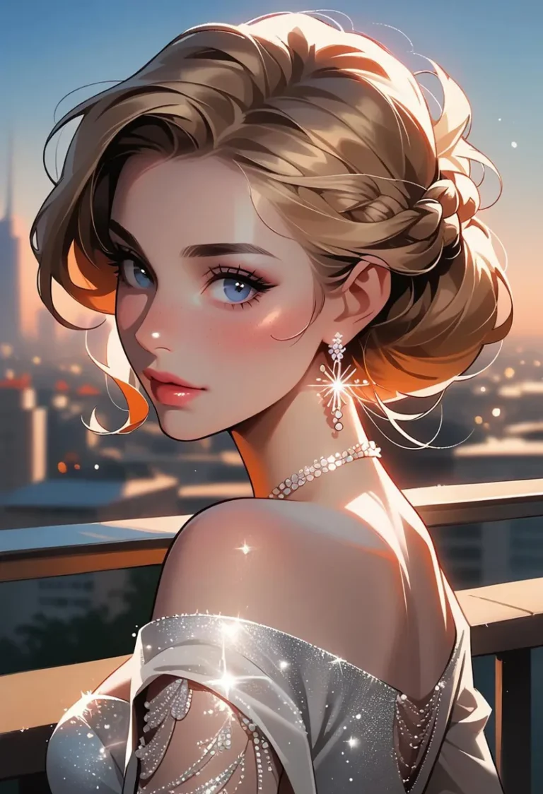AI generated digital art of an elegant woman with short blonde hair, blue eyes, wearing a shimmering white evening dress and sparkling jewelry, standing on a balcony at sunset, created using Stable Diffusion.