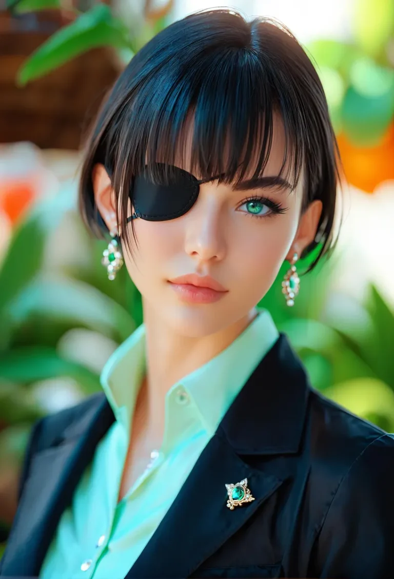 An AI generated image of an elegant woman with a black eye patch and short dark hair, wearing a black blazer and a light green shirt. She has striking green eyes and is adorned with green earrings and a brooch, set against a blurred, vibrant background with greenery.