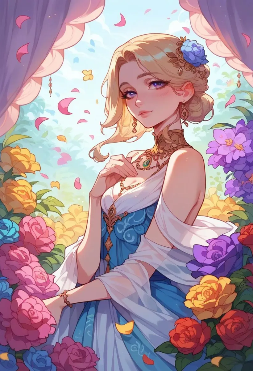 An elegant woman with blonde hair, dressed in a blue and white gown, standing amidst a colorful flower garden. This is an AI generated image using stable diffusion.