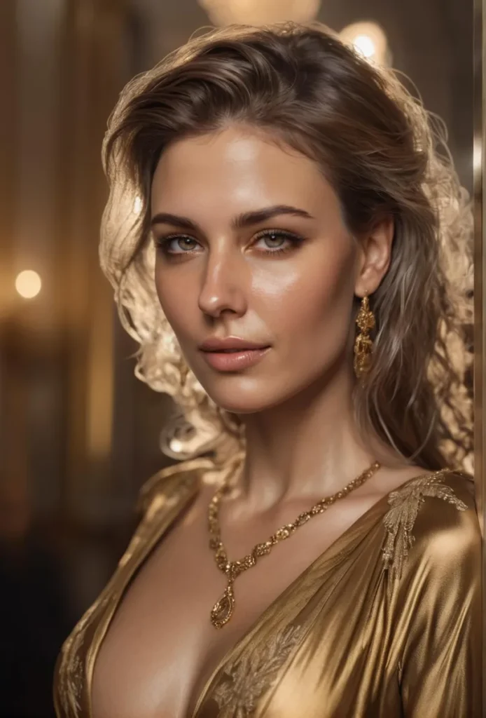 Ai generated image using stable diffusion of an elegant woman with wavy blonde hair wearing a gold dress and gold jewelry in a softly lit room.