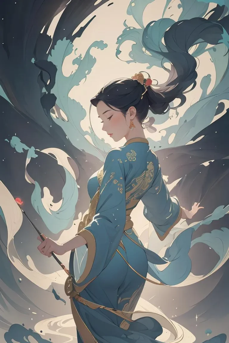 Stylized illustration of an elegant woman in a blue kimono with flowing dark hair, surrounded by fantastical blue and white swirling elements, created using Stable Diffusion AI.
