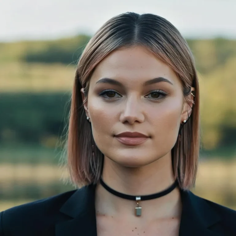 AI generated image using Stable Diffusion depicting an elegant woman with short, sleek hair, brown eyes, subtle makeup, wearing a black choker and modern earrings, standing outdoors with a blurred background.
